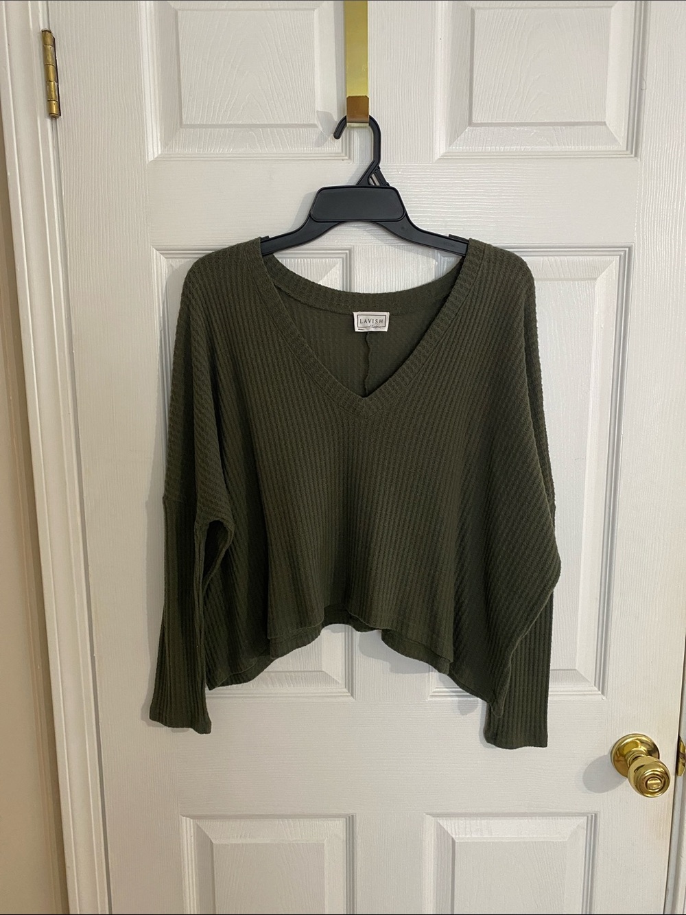 Lavish Dark Olive Ribbed V-Neck Pullover Sweater